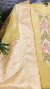 Golden Yellow Tissue Silk Pearl Embroidery Pattern Designer Salwar